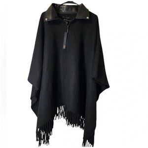 House of Harlow 1960 Black Fringe Poncho with faux Leather Collar